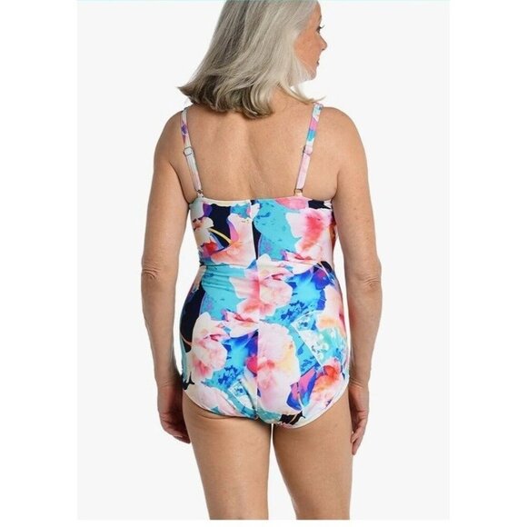 Maxine Shirred‎ Surplice One Piece Swimsuit Illusion Blossoms, Size 16 - Picture 13 of 14